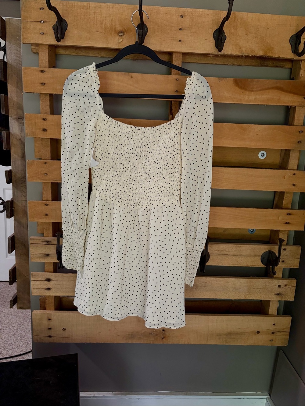 Reformation Kelli Polka Dot Smocked Mini Dress Cream Black S